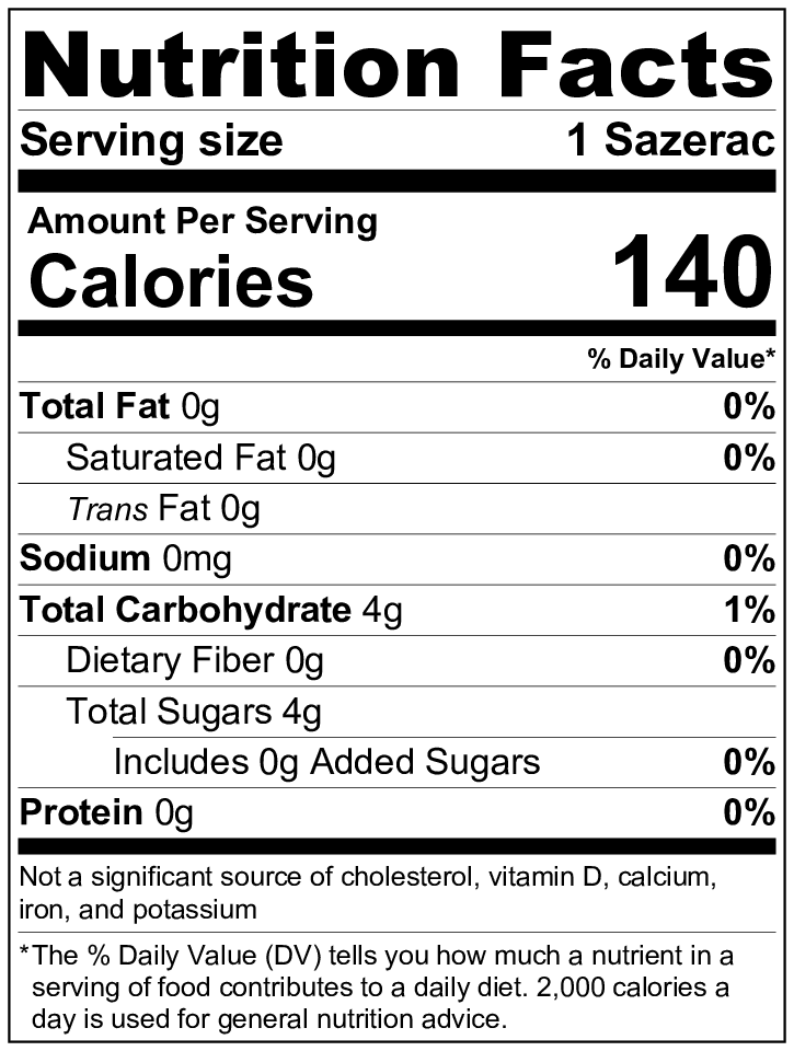 Sazerac nutrition label